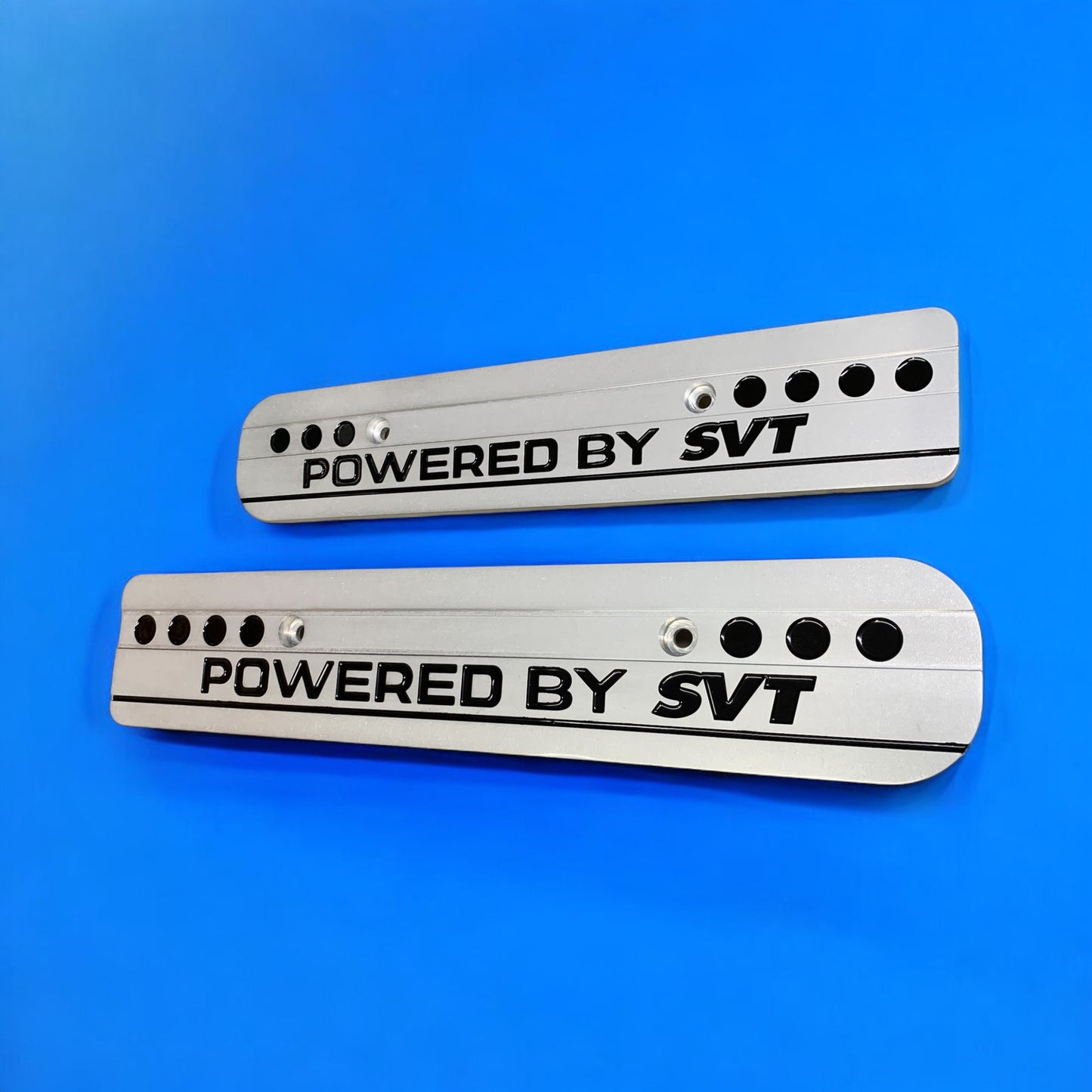 99-04 Ford Mustang Powered by SVT Black Fill and RAW 4.6L Custom Coil Covers Valve Cover